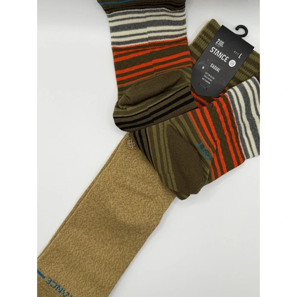 Stance Casual 2 Pack Socks Green Orange Stripe Crew Mid Cushion Mens L NWT